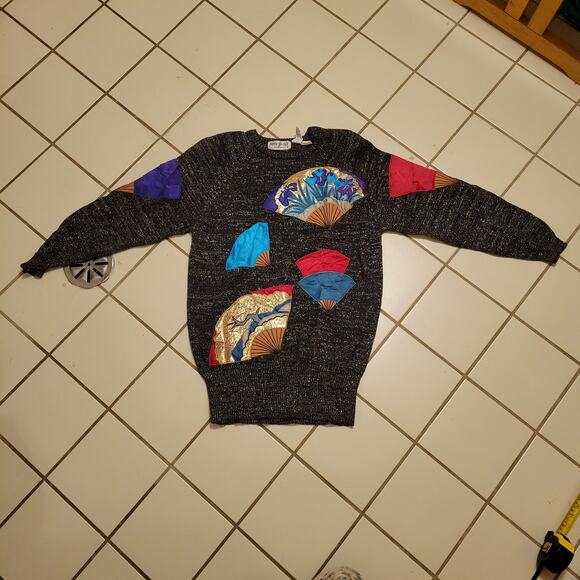 Vintage Bonnie Boerer Sweater Women's L Grey Longline Graphic Knit Pullover 80s - Picture 9 of 11